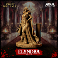 Queen Elyndra three-quarter view with one hand resting at her hip, cape swept to one side, strapped sandals visible beneath the split hem of her gown, standing beside a column prop on a round scenic base. Primal Collectibles.