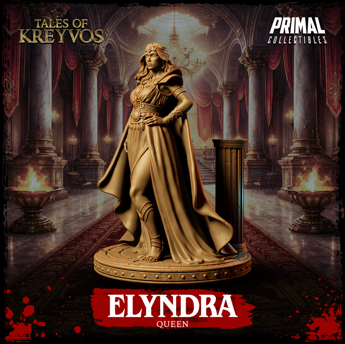 Queen Elyndra three-quarter view with one hand resting at her hip, cape swept to one side, strapped sandals visible beneath the split hem of her gown, standing beside a column prop on a round scenic base. Primal Collectibles.