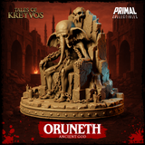 Oruneth Ancient God miniature by Primal Collectibles — rear three-quarter angle showing the fractured stone throne back, the large skull finial at its peak, chain links draped across the figure's shoulders, and scattered candles on the round base.