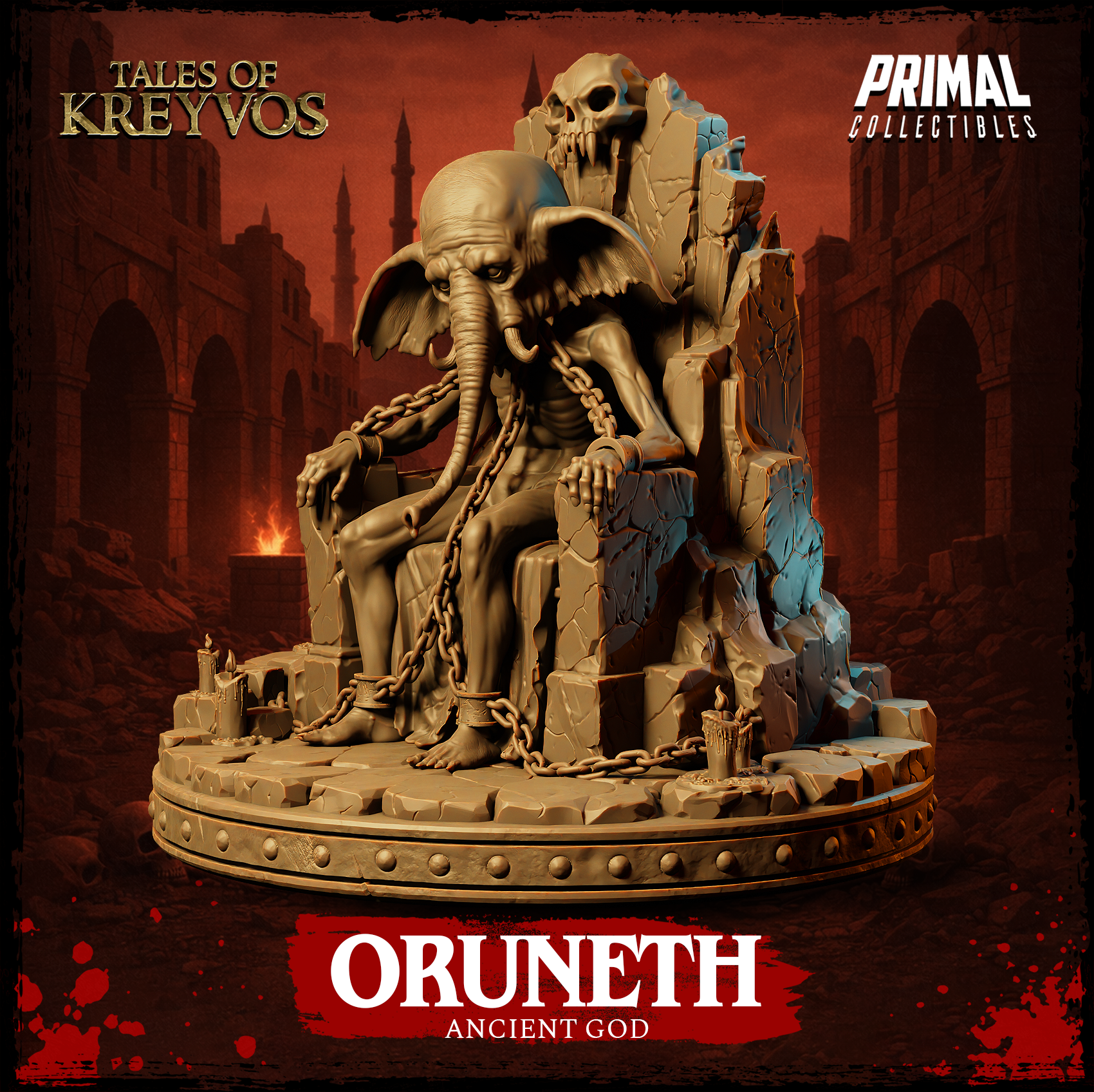 Oruneth Ancient God miniature by Primal Collectibles — rear three-quarter angle showing the fractured stone throne back, the large skull finial at its peak, chain links draped across the figure's shoulders, and scattered candles on the round base.