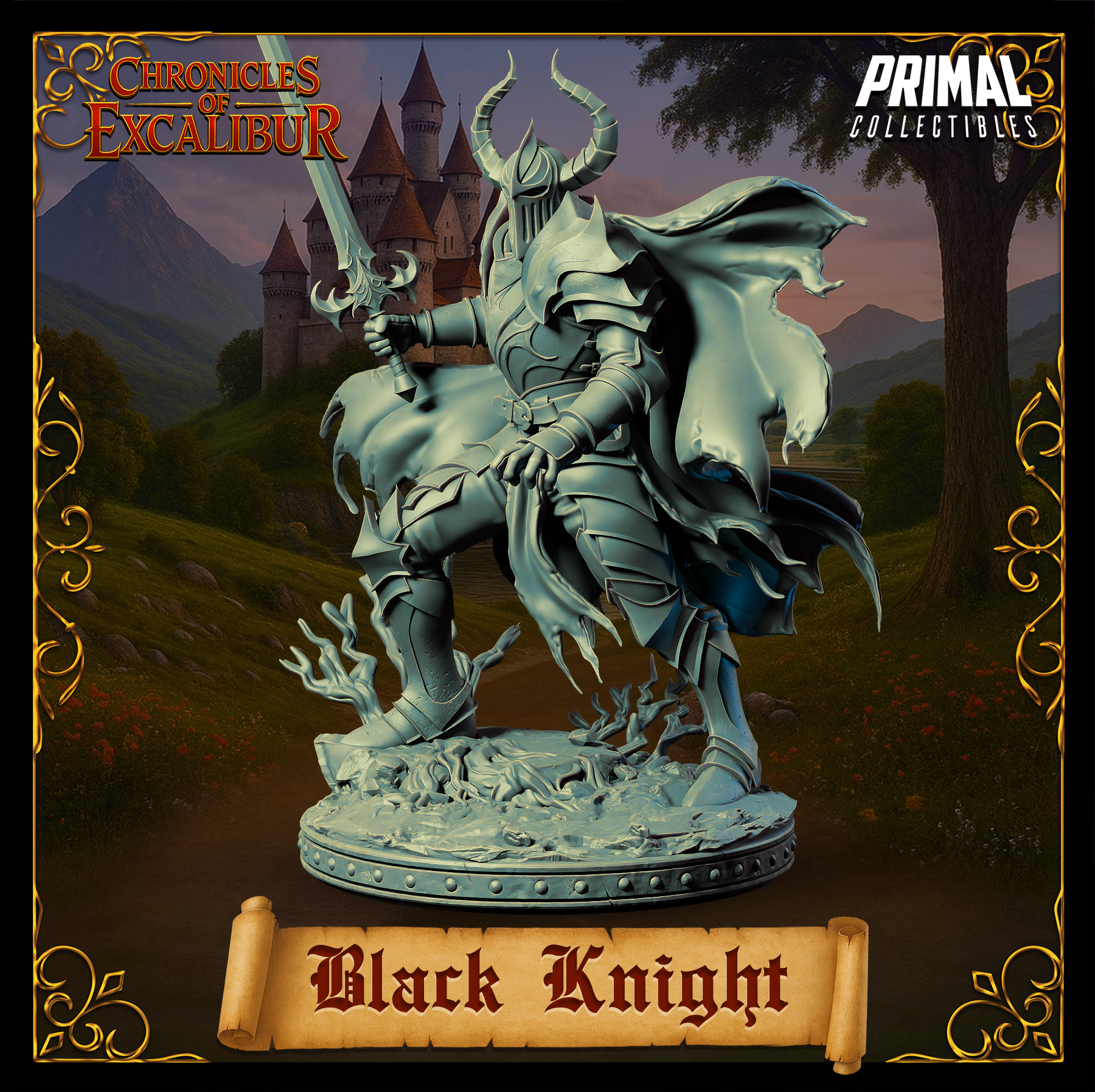 Black Knight 32mm resin miniature — low-angle right-side view emphasising the dramatic cape sweep and the raised knee of the striding pose. Detailed plate armour with jagged edges, horned helm, and a heavily textured base with broken stone and ghostly branch-like tendrils clearly visible. Digital render, unpainted grey.
