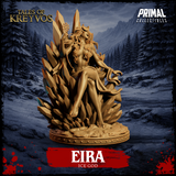 Front-facing render of Eira the Ice God miniature from Tales of Kreyvos by Primal Collectibles — full frontal view of the unpainted golden sculpt showing the complete ice crystal throne composition, snowflake sceptre, and the ornate circular base