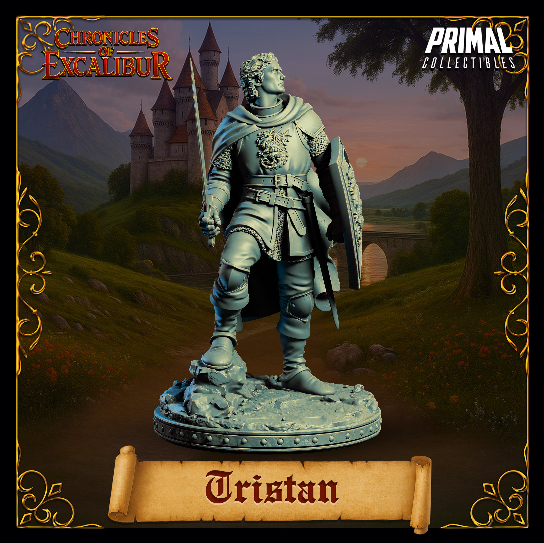 32mm unpainted grey resin render of Tristan from Chronicles of Excalibur — commanding standing pose with sword lowered and shield held at his side, dragon emblem visible on his surcoat, gazing upward with a resolute expression, standing on a detailed rocky scenic base