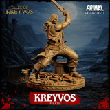 Three-quarter low-angle render of Kreyvos the pirate, dual-wielding sword and dagger, muscular frame and open coat visible, base showing scattered bones and timber planks beneath heavy boots. Primal Collectibles.
