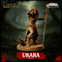 Ukara the swamp witch 32mm resin miniature — side-angled view, frenzied spellcasting pose with one hand raised to her head and staff held low, expressive screaming face, bone jewellery and ragged clothing detail visible, skull and root base, unpainted tan resin, Tales of Kreyvos by Primal Collectibles