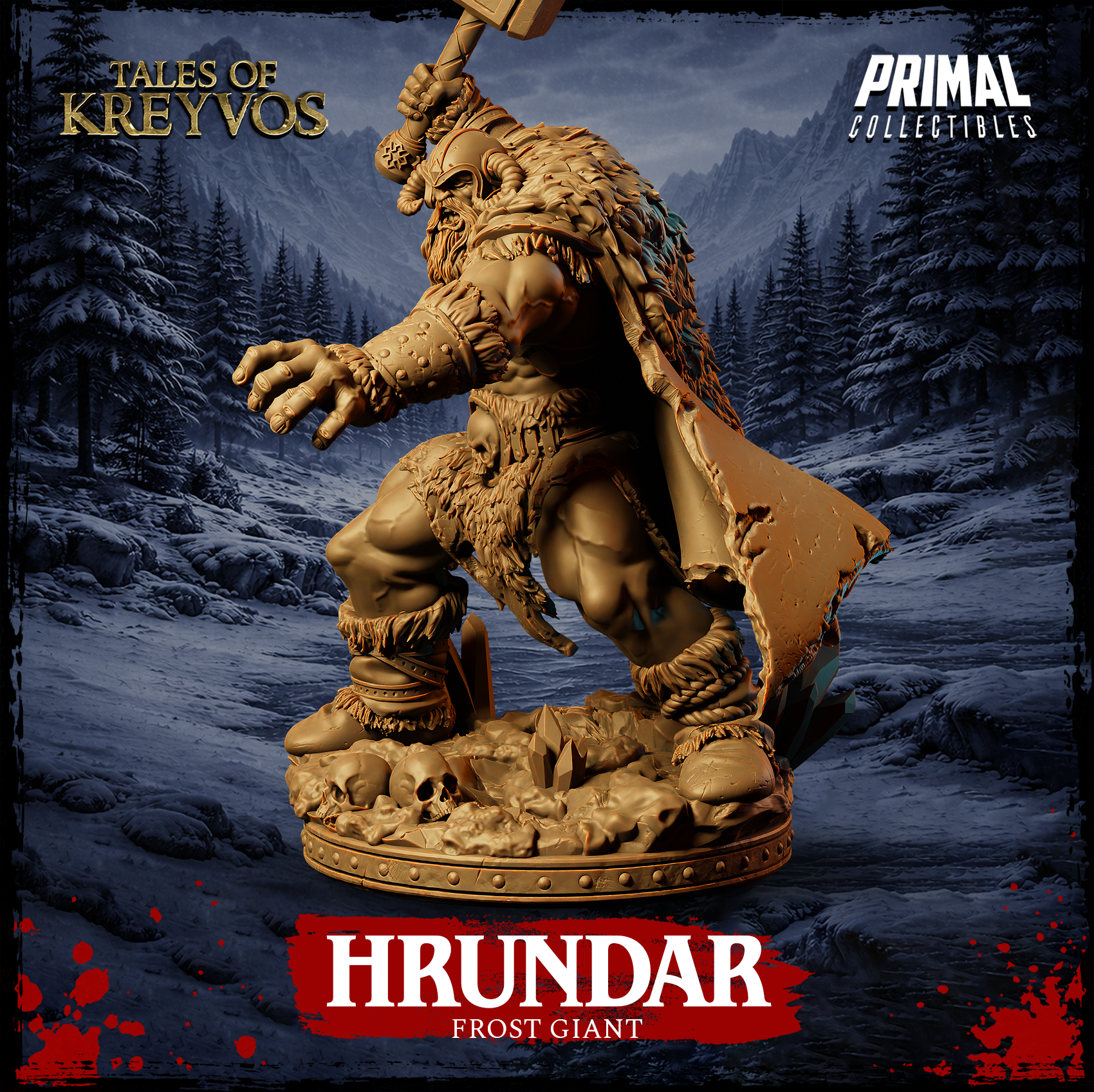 Hrundar Frost Giant resin miniature render — rear three-quarter low-angle view emphasising the scale and bulk of the figure, showing the tattered and patched fur cloak in detail, ice-blue lining, grasping left hand, horned helm profile, and the full skull-covered base from a dramatic upward perspective