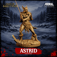Front-on view of Astrid the Valkyrie spear variation — unpainted gold render showing wide combat stance, long spear held in both hands, winged helm with visor detail, and crystal base, Tales of Kreyvos by Primal Collectibles