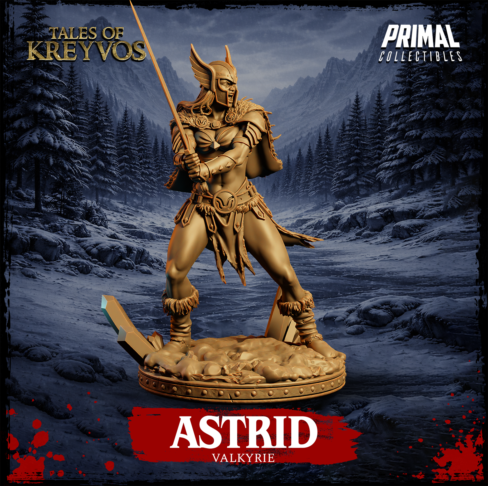 Front-on view of Astrid the Valkyrie spear variation — unpainted gold render showing wide combat stance, long spear held in both hands, winged helm with visor detail, and crystal base, Tales of Kreyvos by Primal Collectibles
