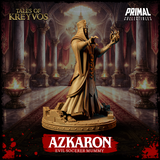 Azkaron evil sorcerer mummy miniature in full height view, pharaonic crown and broad collar clearly defined, robes flowing to the cracked stone base, both arms gesturing outward with skeletal hands. Sculpt by Primal Collectibles.