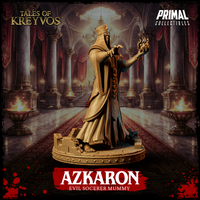 Azkaron evil sorcerer mummy miniature in full height view, pharaonic crown and broad collar clearly defined, robes flowing to the cracked stone base, both arms gesturing outward with skeletal hands. Sculpt by Primal Collectibles.
