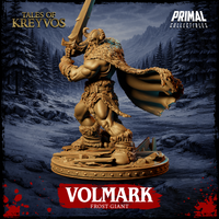 Rear three-quarter digital render of Volmark the Frost Giant miniature by Primal Collectibles — highlighting the tattered flowing cloak, detailed fur pelt layering across the back and shoulders, rope-bound boots, and the textured scenic base featuring scattered bones, broken shields, and fractured rock debris
