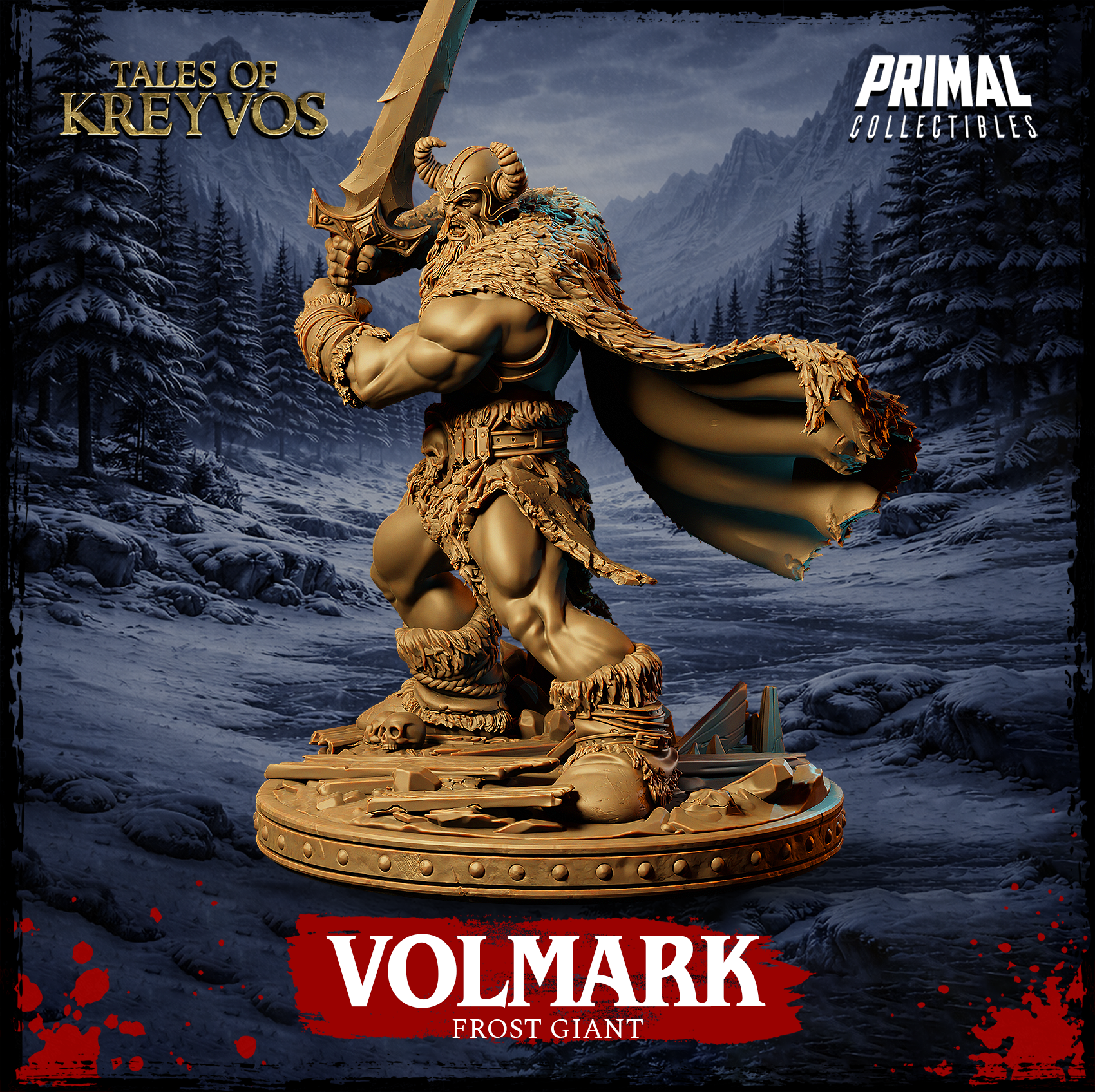 Rear three-quarter digital render of Volmark the Frost Giant miniature by Primal Collectibles — highlighting the tattered flowing cloak, detailed fur pelt layering across the back and shoulders, rope-bound boots, and the textured scenic base featuring scattered bones, broken shields, and fractured rock debris