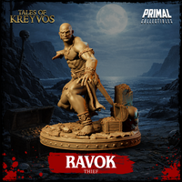 Ravok the Thief miniature by Primal Collectibles shown from a raised angle, bald head and tense expression visible, coin-link necklace resting on chest, scenic base showing broken wooden coffer and loose gold scattered across rubble.