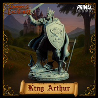 Unpainted grey resin digital render of King Arthur miniature from Chronicles of Excalibur — side and rear three-quarter view showing the full sweep of the royal cloak, shield with prominently raised rampant lion heraldry, spear and broken weapon scatter on the base, and crowned head in profile mid-battle cry