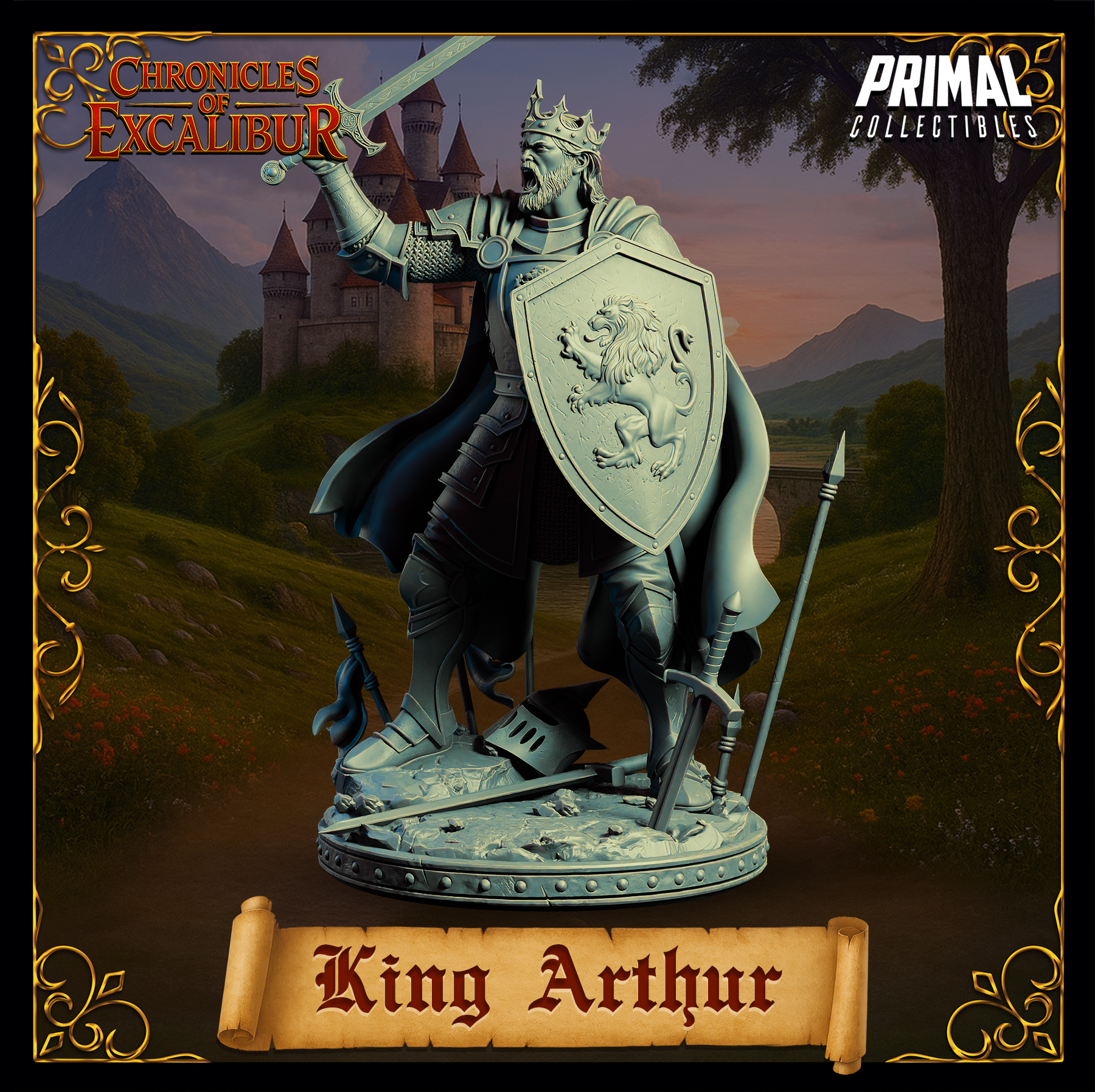 Unpainted grey resin digital render of King Arthur miniature from Chronicles of Excalibur — side and rear three-quarter view showing the full sweep of the royal cloak, shield with prominently raised rampant lion heraldry, spear and broken weapon scatter on the base, and crowned head in profile mid-battle cry