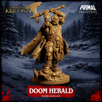 Side view of the Doom Herald Dark Knight miniature from Primal Collectibles — highlighting the raised greataxe with a broad crescent blade, the horned masked helm, heavy chest strapping, belt pouches, and the dramatic skull-covered base with shattered stone