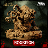 Side-angle digital render of the Bogreign miniature third variant — the creature charges with head lowered and jaws wide, a single mass of tentacles erupting from its back, crushed swamp foliage and mud scattered across the base. Tan resin colourway. Tales of Kreyvos by Primal Collectibles.