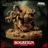 Side-angle digital render of the Bogreign miniature third variant — the creature charges with head lowered and jaws wide, a single mass of tentacles erupting from its back, crushed swamp foliage and mud scattered across the base. Tan resin colourway. Tales of Kreyvos by Primal Collectibles.