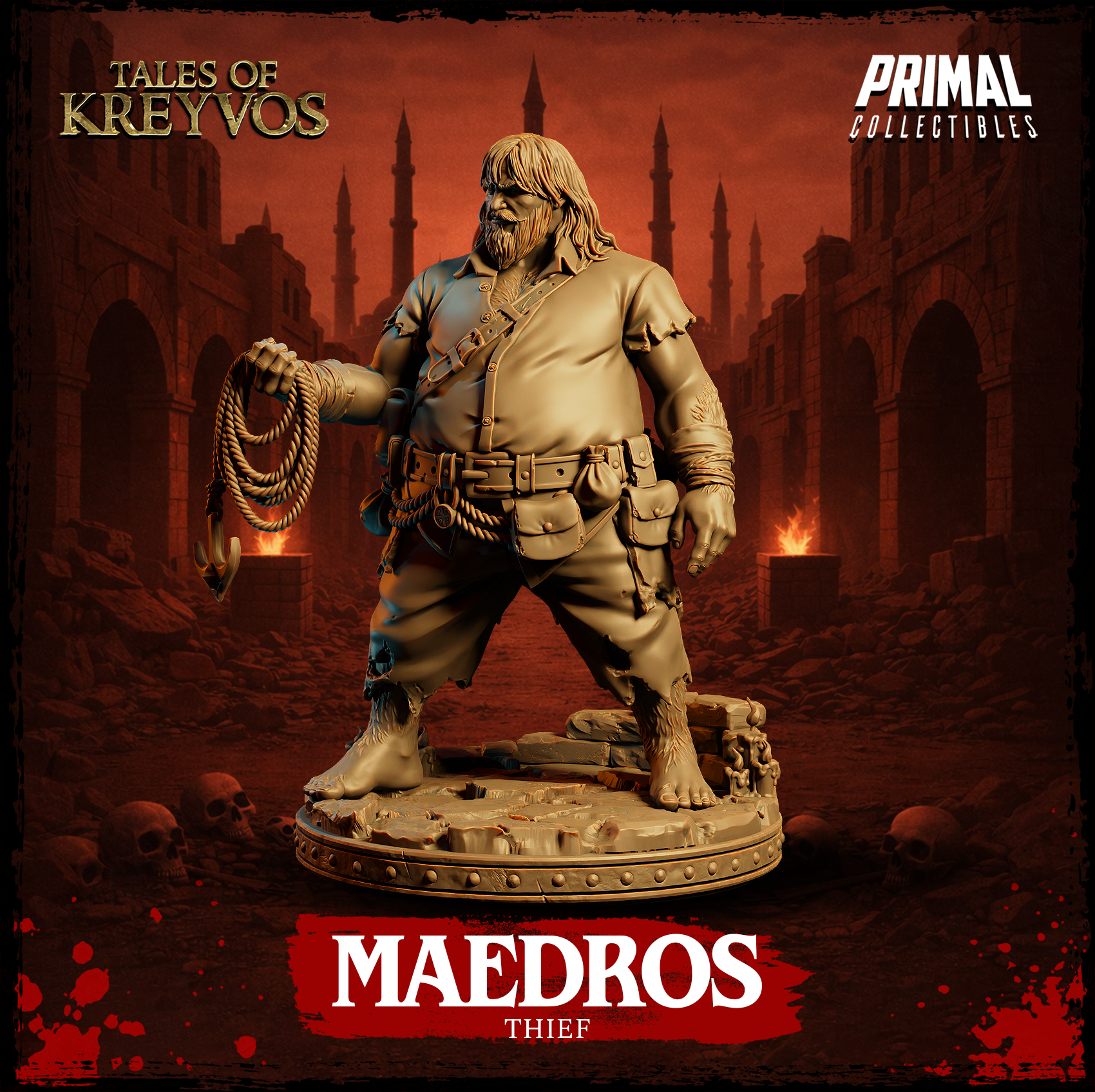 Maedros the Thief close detail — worn patched clothing, studded belt with multiple pouches, rope looped over one shoulder, bare feet on crumbled masonry base. Sculpt by Primal Collectibles.