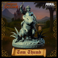 Digital render of Tom Thumb miniature from the front, emphasising the giant rat's detailed fur texture, powerful front paws, and the knight's full plate armour and shield. Chronicles of Excalibur by Primal Collectibles.