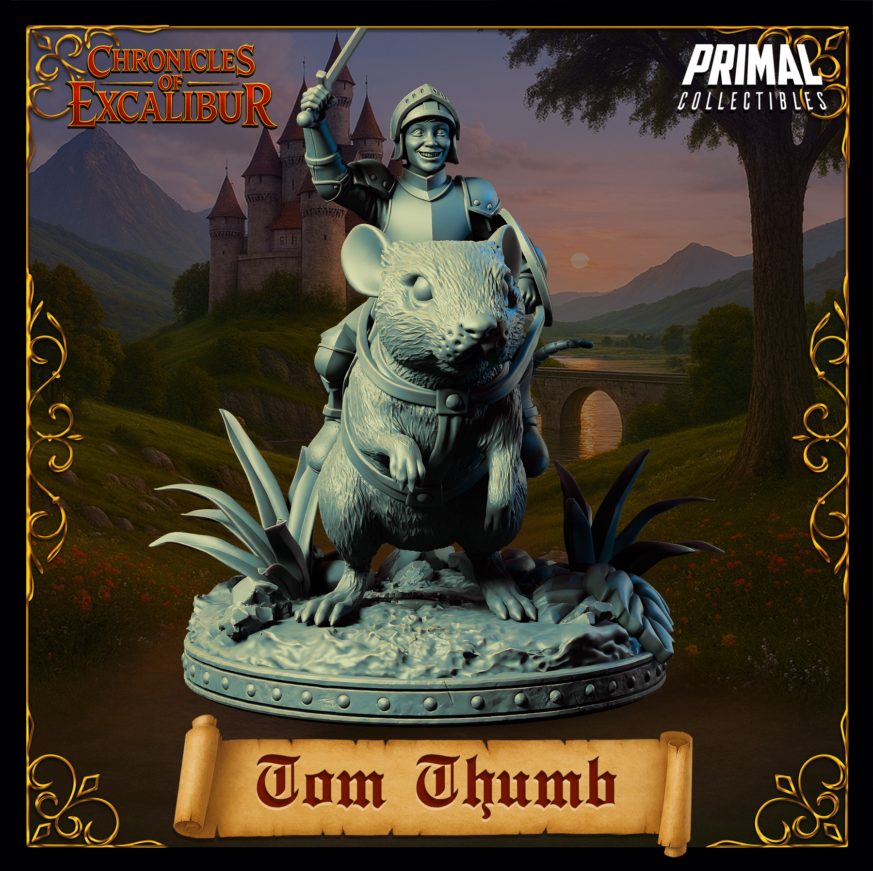 Digital render of Tom Thumb miniature from the front, emphasising the giant rat's detailed fur texture, powerful front paws, and the knight's full plate armour and shield. Chronicles of Excalibur by Primal Collectibles.