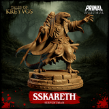 Rear three-quarter view of Sskareth the Serpentman unpainted digital render — showing the back of the flowing cape, scaled legs and taloned feet gripping the stone base, and the raised staff with knotwork detailing, set against a gloomy swamp landscape