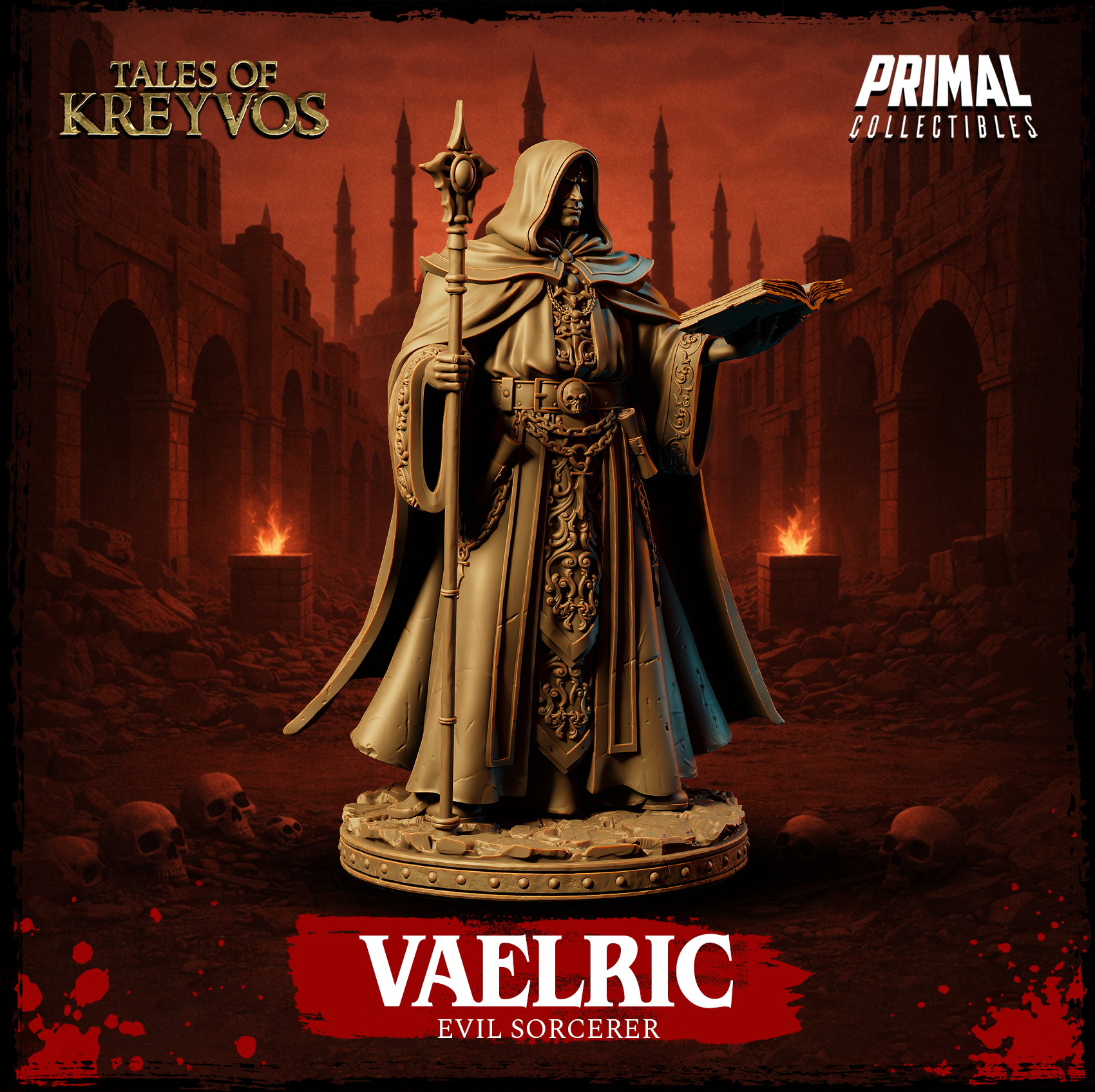 Vaelric Evil Sorcerer 32mm miniature, full figure shown from the front, hooded with a stern expression, holding a cross-finial staff and an open grimoire, standing on a rubble-strewn decorative base. Sculpt by Primal Collectibles.