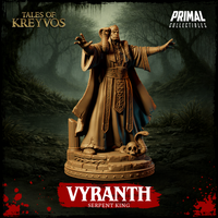 Vyranth the Serpent King 32mm resin miniature render — alternative variant view with a ruined column base element, coiled serpent and skull scatter, arms outstretched in commanding pose, and full view of the layered serpent-motif robes and ornate belt