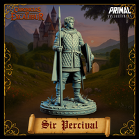 Unpainted grey resin digital render of Sir Percival miniature from Chronicles of Excalibur — slightly elevated front-facing angle emphasising the knight's composed expression, full-length travelling cloak, spear planted at his side and ornate shield held loosely, on a detailed scenic base with wildflowers and rocky ground