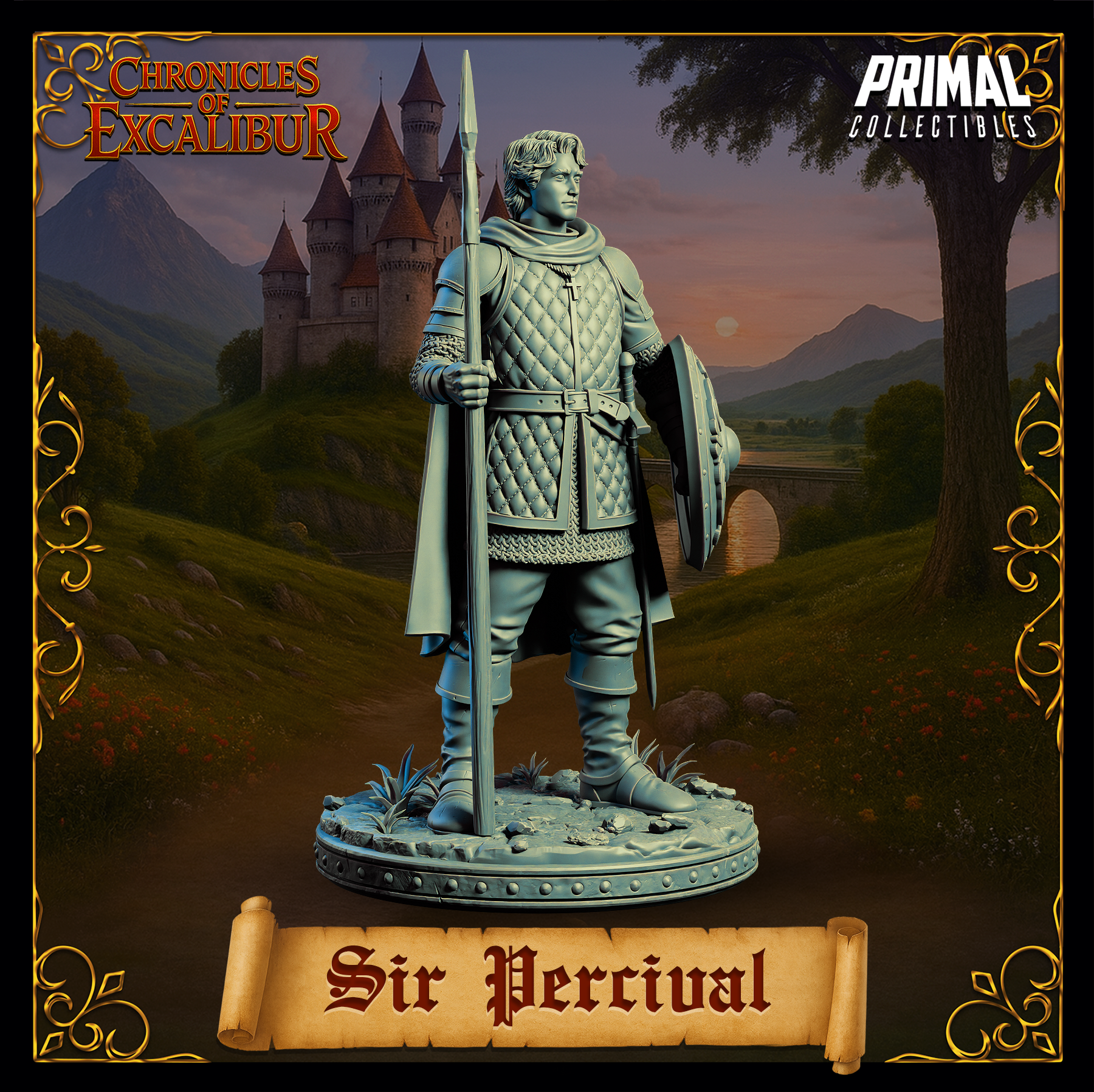 Unpainted grey resin digital render of Sir Percival miniature from Chronicles of Excalibur — slightly elevated front-facing angle emphasising the knight's composed expression, full-length travelling cloak, spear planted at his side and ornate shield held loosely, on a detailed scenic base with wildflowers and rocky ground