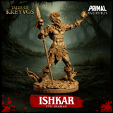 Ishkar Evil Shaman 32mm miniature render — rune-carved heart raised aloft in right hand, skull-topped spear staff, wild spiked hair, war-cry expression, bone and gnarled root base, Tales of Kreyvos by Primal Collectibles