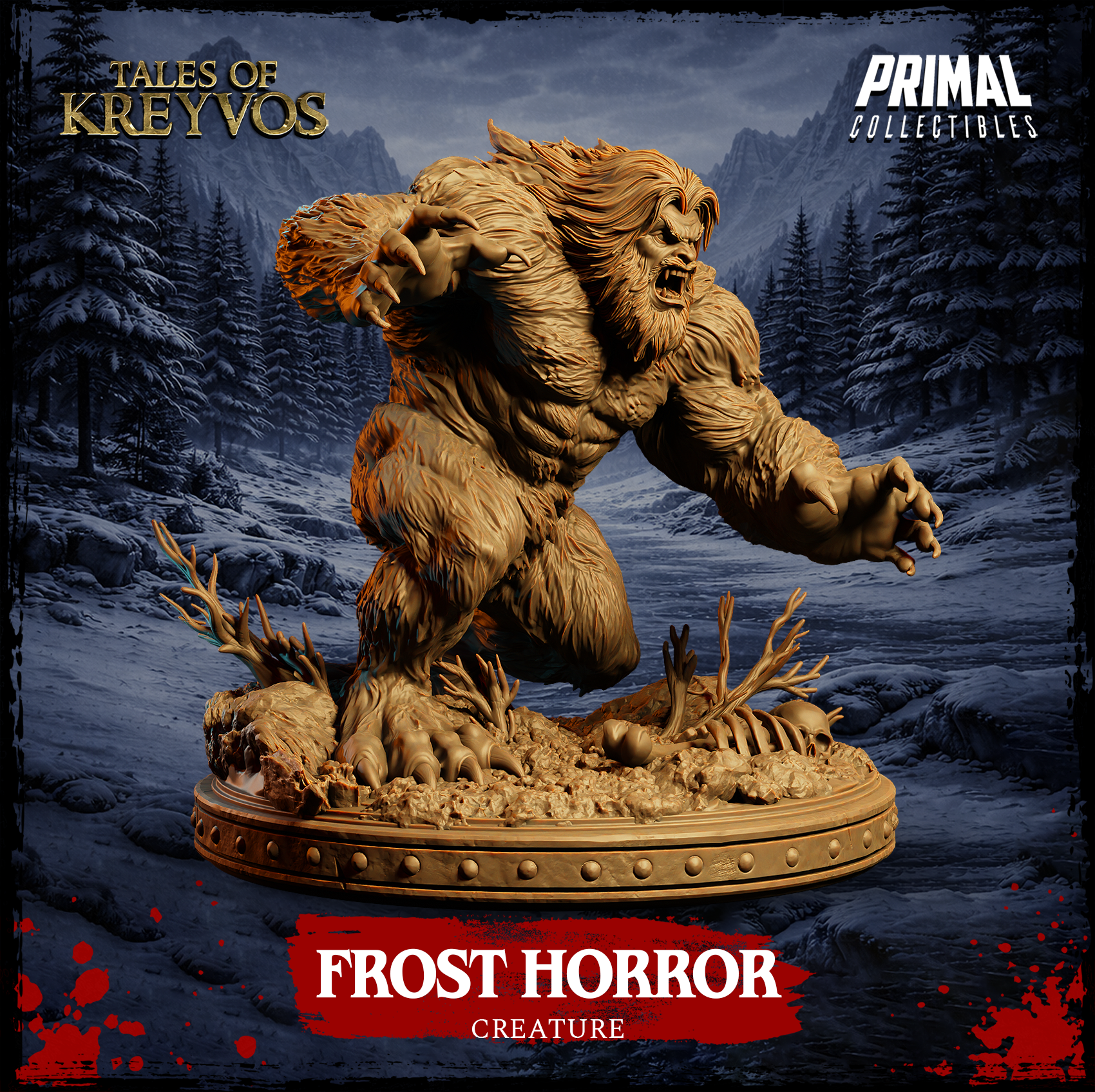 Rear three-quarter digital render of the Frost Horror miniature — emphasising the explosive charging stance, one arm raised high with splayed claws, thick matted fur covering the entire body, and the full scenic base with skulls and dead vegetation visible beneath its taloned feet