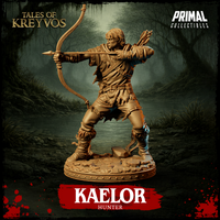 Front-facing digital render of Kaelor the Hunter in a wide-stance shooting pose — bow at full draw with arrow extended toward the viewer, quiver visible over the shoulder, wearing belted leather tunic and fringed leg wrappings on a rocky swamp base. Unpainted warm tan resin. Tales of Kreyvos by Primal Collectibles.