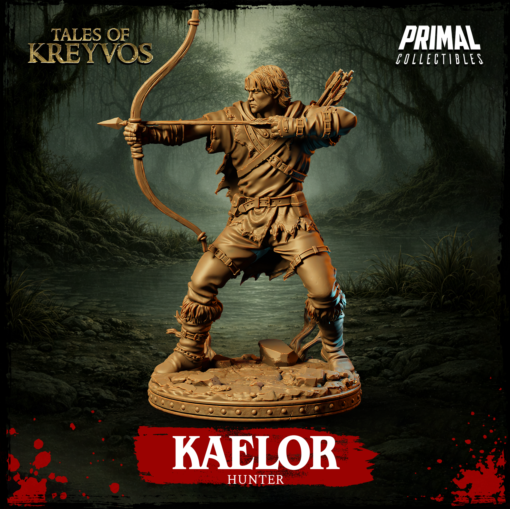 Front-facing digital render of Kaelor the Hunter in a wide-stance shooting pose — bow at full draw with arrow extended toward the viewer, quiver visible over the shoulder, wearing belted leather tunic and fringed leg wrappings on a rocky swamp base. Unpainted warm tan resin. Tales of Kreyvos by Primal Collectibles.