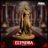 Queen Elyndra miniature shown at a slight angle emphasising the sweep of her cape and the layered fauld detail at her waist, with ornate pauldrons and circlet visible. Primal Collectibles.