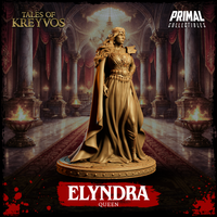 Queen Elyndra miniature shown at a slight angle emphasising the sweep of her cape and the layered fauld detail at her waist, with ornate pauldrons and circlet visible. Primal Collectibles.