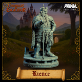 Close-up digital render of King Rience miniature from Chronicles of Excalibur in grey resin — three-quarter front view showing the detail of the engraved chest armour, layered fur cloak, braided beard, spiked crown, and the ornate head of the ceremonial staff.