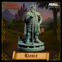 Close-up digital render of King Rience miniature from Chronicles of Excalibur in grey resin — three-quarter front view showing the detail of the engraved chest armour, layered fur cloak, braided beard, spiked crown, and the ornate head of the ceremonial staff.