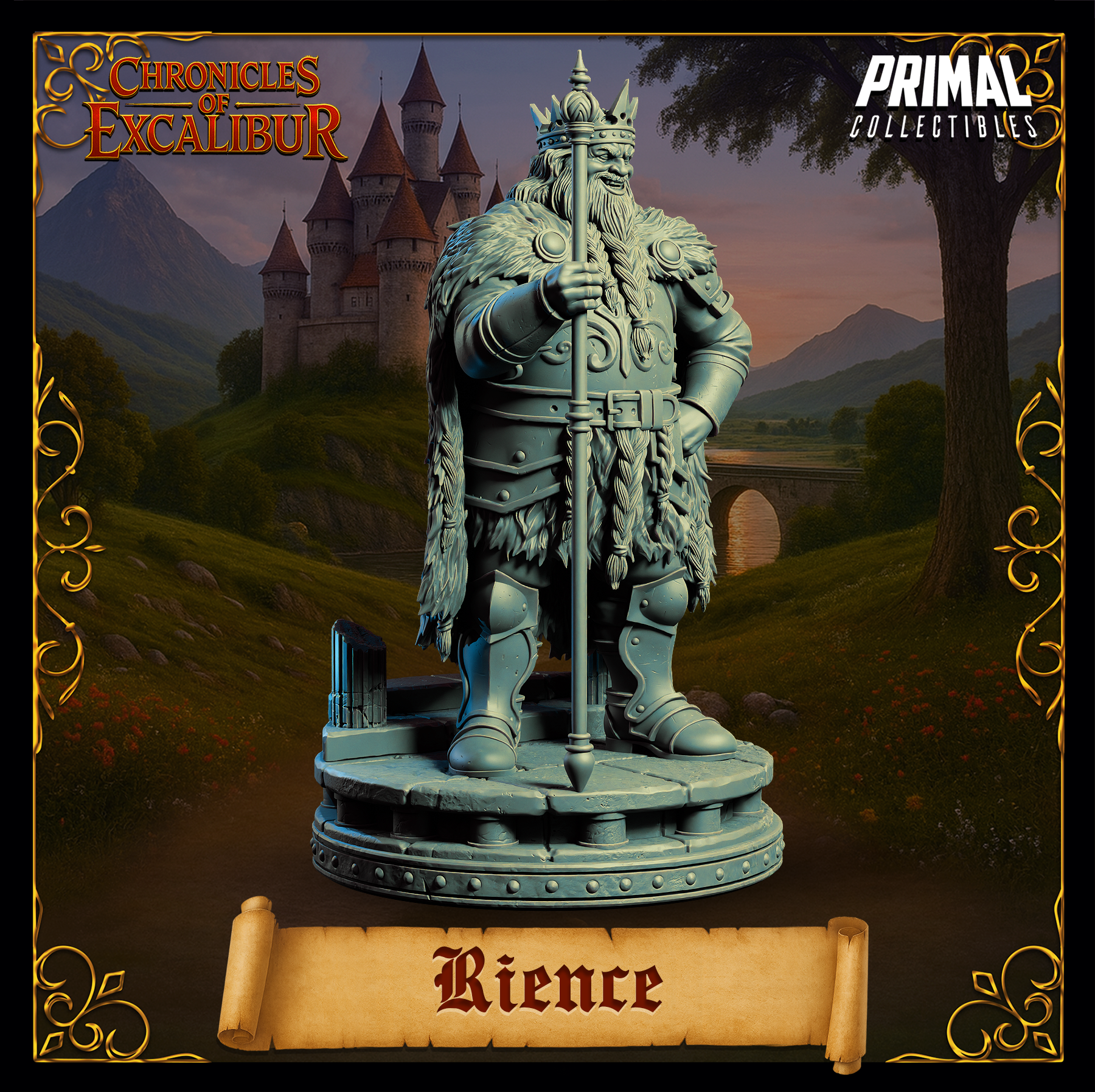 Close-up digital render of King Rience miniature from Chronicles of Excalibur in grey resin — three-quarter front view showing the detail of the engraved chest armour, layered fur cloak, braided beard, spiked crown, and the ornate head of the ceremonial staff.