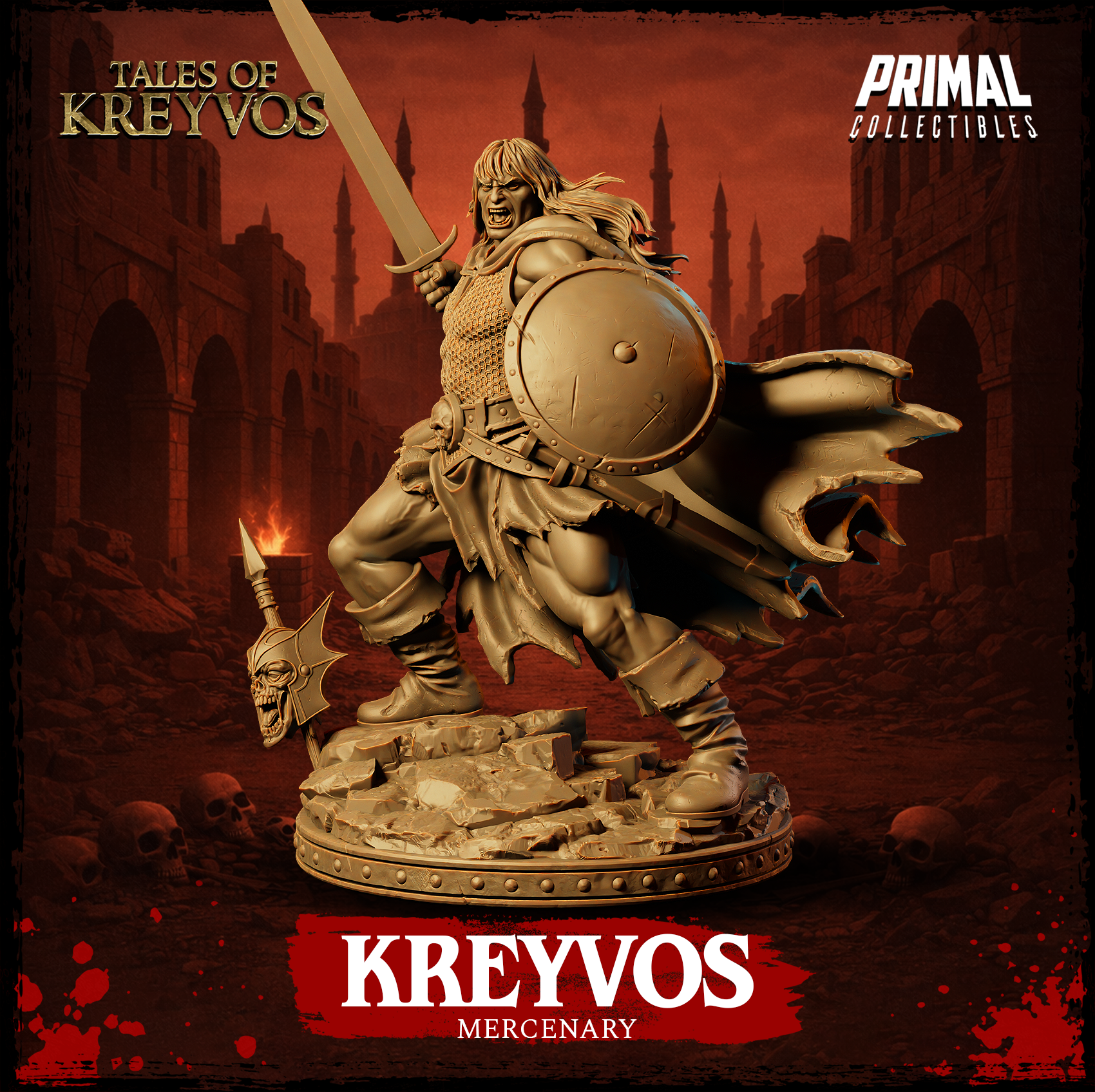 Kreyvos barbarian mercenary miniature in a charging stance, sword extended and shield braced, chainmail torso, frayed cloak edges visible, skull-motif war axe at hip, raised rubble base. 32mm scale resin miniature by Primal Collectibles.
