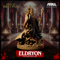 Eldryon by Primal Collectibles — three-quarter view emphasising the billowing cloak, rune-edged sleeves, and churning spectral energy swirling around the cracked-stone scenic base.