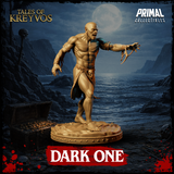 Dark One demon miniature shown from a slightly elevated angle, snarling expression clearly visible, ornate filigree belt with skull detail and ragged cloth hanging from waist. Sculpt by Primal Collectibles.