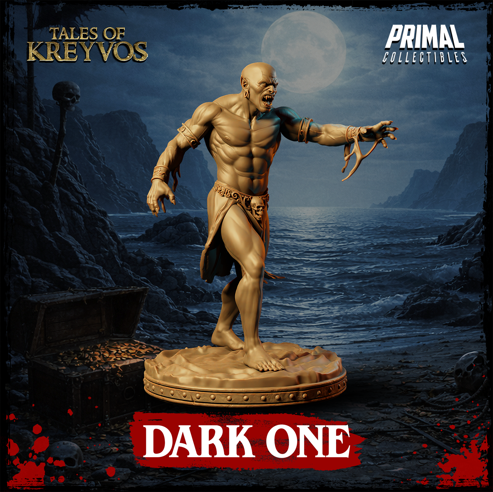 Dark One demon miniature shown from a slightly elevated angle, snarling expression clearly visible, ornate filigree belt with skull detail and ragged cloth hanging from waist. Sculpt by Primal Collectibles.