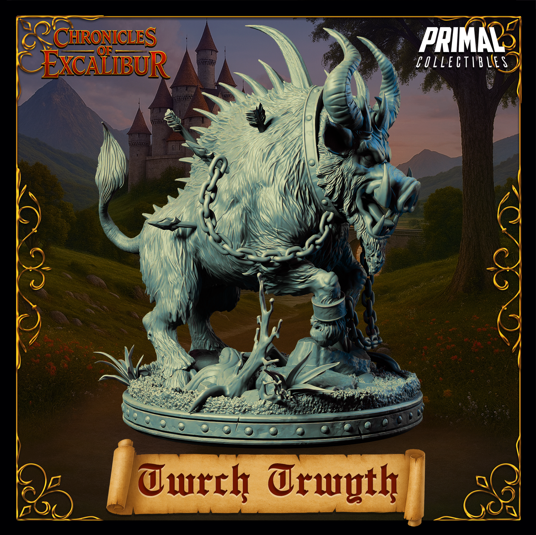 Rear three-quarter view of the Twrch Trwyth miniature from Primal Collectibles, highlighting the ridge of sharp spines along the creature's back, dense shaggy fur texture, whip-like tail, and an arrow embedded in its haunches, mounted on a scenic base of broken branches and rough ground
