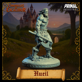 Digital render of Hueil miniature in a dynamic combat pose, torso turned and great axe raised low and forward across the body. Short-sleeved partial shoulder armour, bare midriff, fur-wrapped legs. Round scenic base with scattered ground debris. Part of the Chronicles of Excalibur range by Primal Collectibles.
