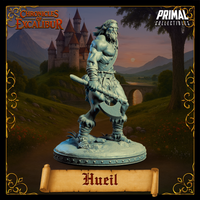 Digital render of Hueil miniature in a dynamic combat pose, torso turned and great axe raised low and forward across the body. Short-sleeved partial shoulder armour, bare midriff, fur-wrapped legs. Round scenic base with scattered ground debris. Part of the Chronicles of Excalibur range by Primal Collectibles.