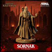 Side profile of Sornak the evil wizard, bald with long beard, robe trailing across a rubble and skull base, forked staff in one hand and crystal raised in the other. Sculpt by Primal Collectibles.