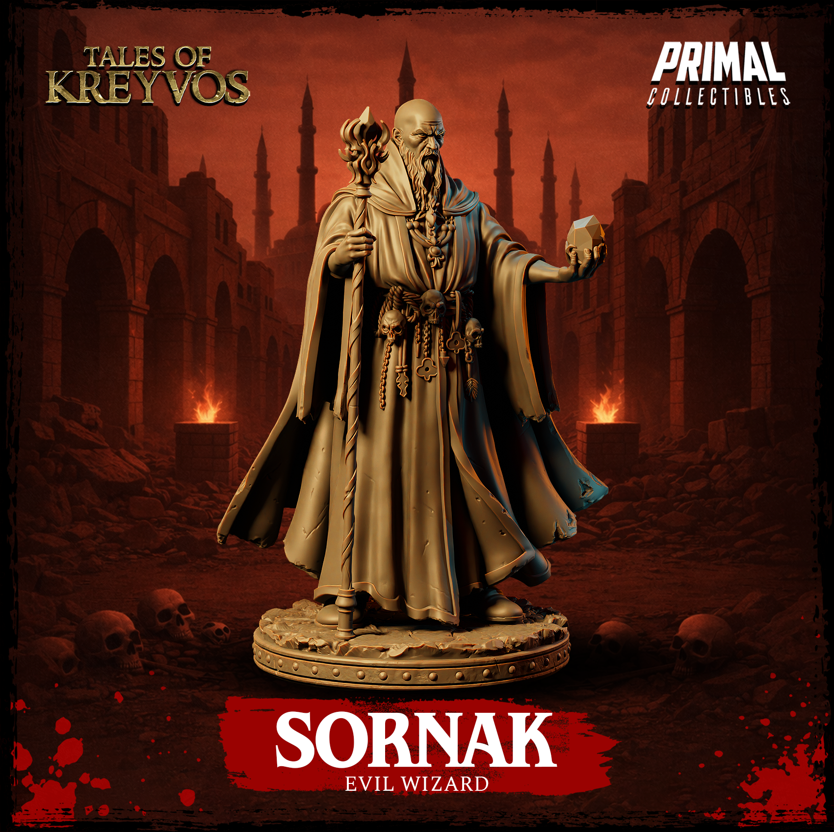 Side profile of Sornak the evil wizard, bald with long beard, robe trailing across a rubble and skull base, forked staff in one hand and crystal raised in the other. Sculpt by Primal Collectibles.
