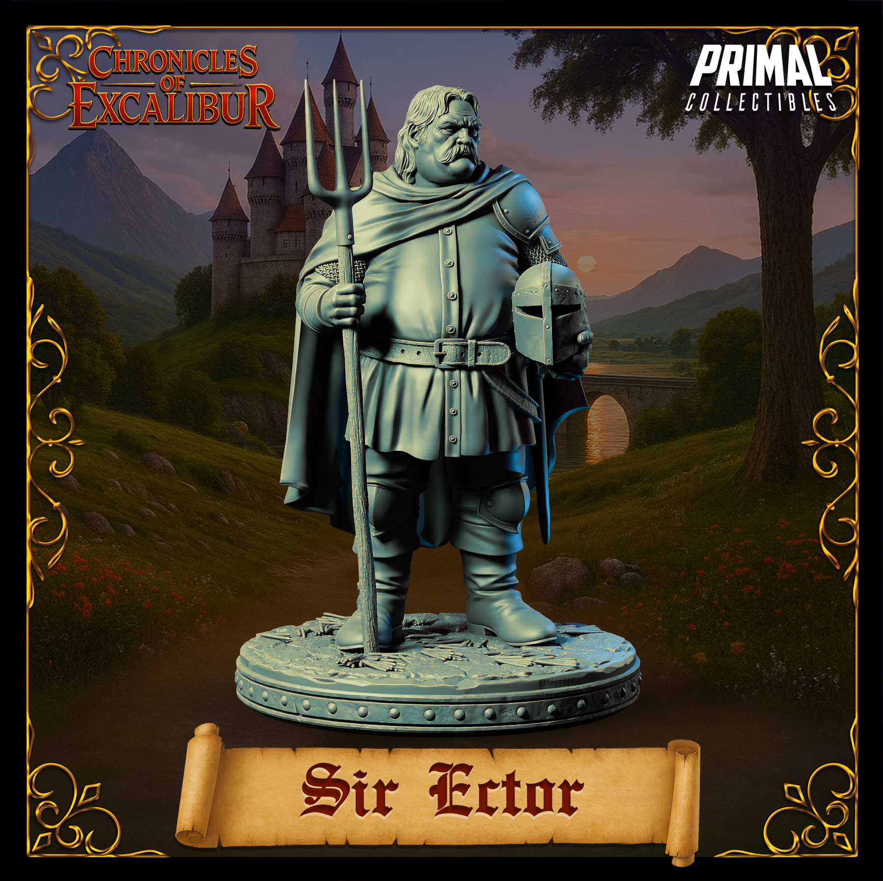 Sir Ector 32mm miniature — alternative front-facing render with a slightly different sculpt variation, showing the knight in a long tabard over chainmail, trident in hand and helmet tucked under his arm, with a broad billowing cape and studded leather belt. Chronicles of Excalibur by Primal Collectibles.