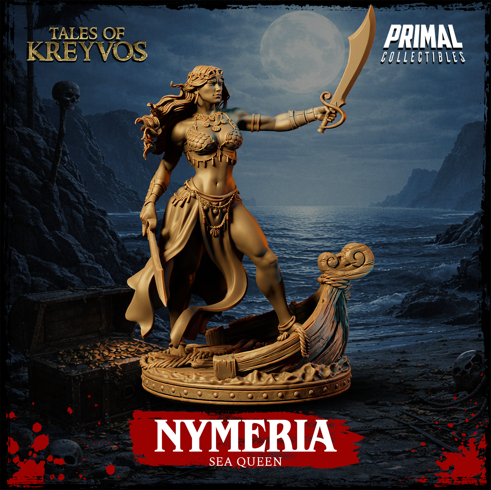 Nymeria Sea Queen by Primal Collectibles — full figure view showing both blades clearly: a wide curved scimitar in the raised right hand and a short dagger in the lowered left, gold chain detailing on the belt, and a carved wooden ship's prow scenic base.